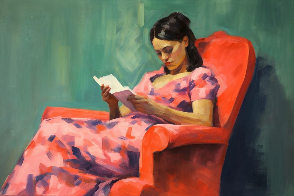 A pregnant woman reading a book painting furniture armchair.
