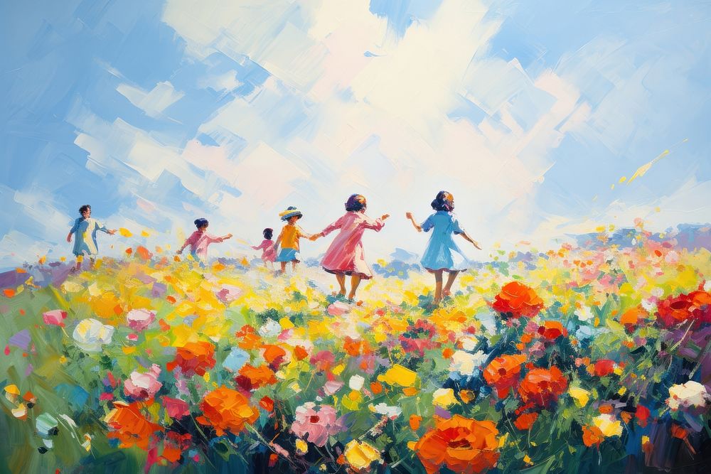 A flower field painting outdoors walking.