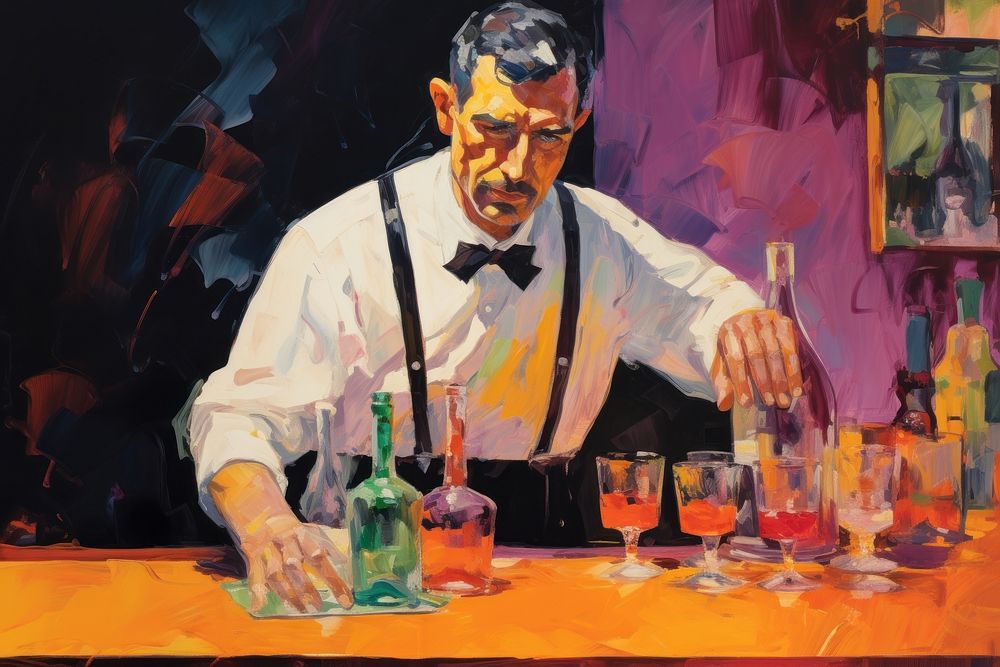 A bartender making a cocktail painting glass adult.