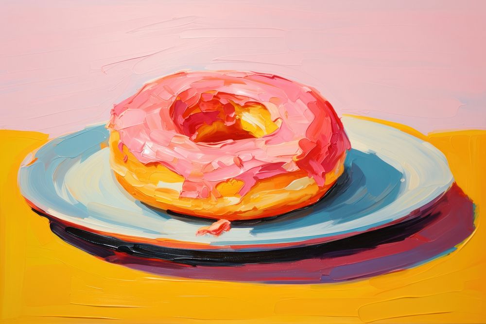 A donut on a plate painting dessert food.
