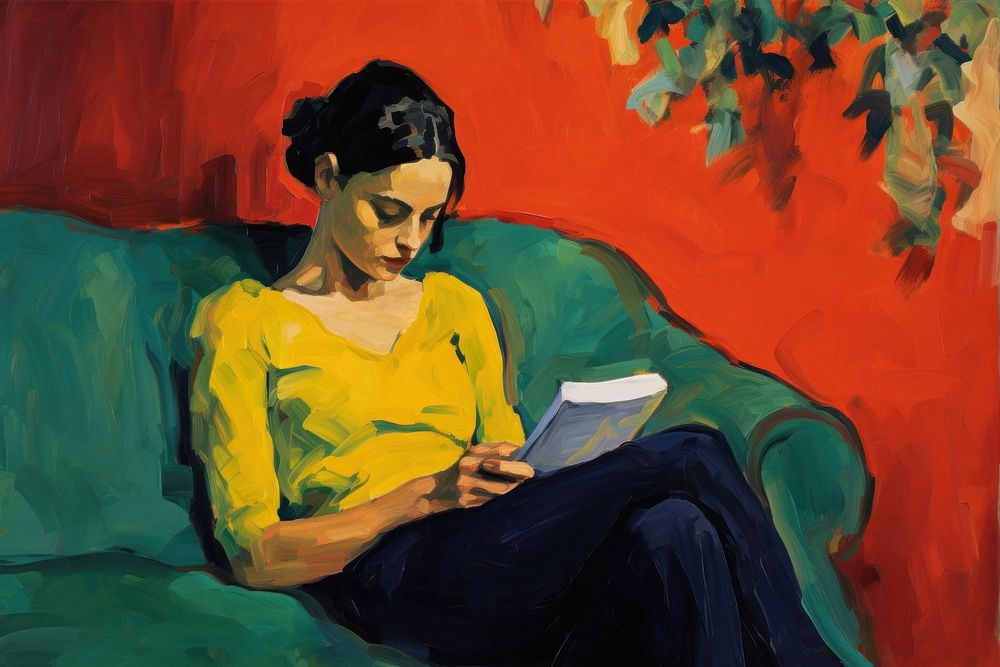 A pregnant woman reading a book painting art comfortable.