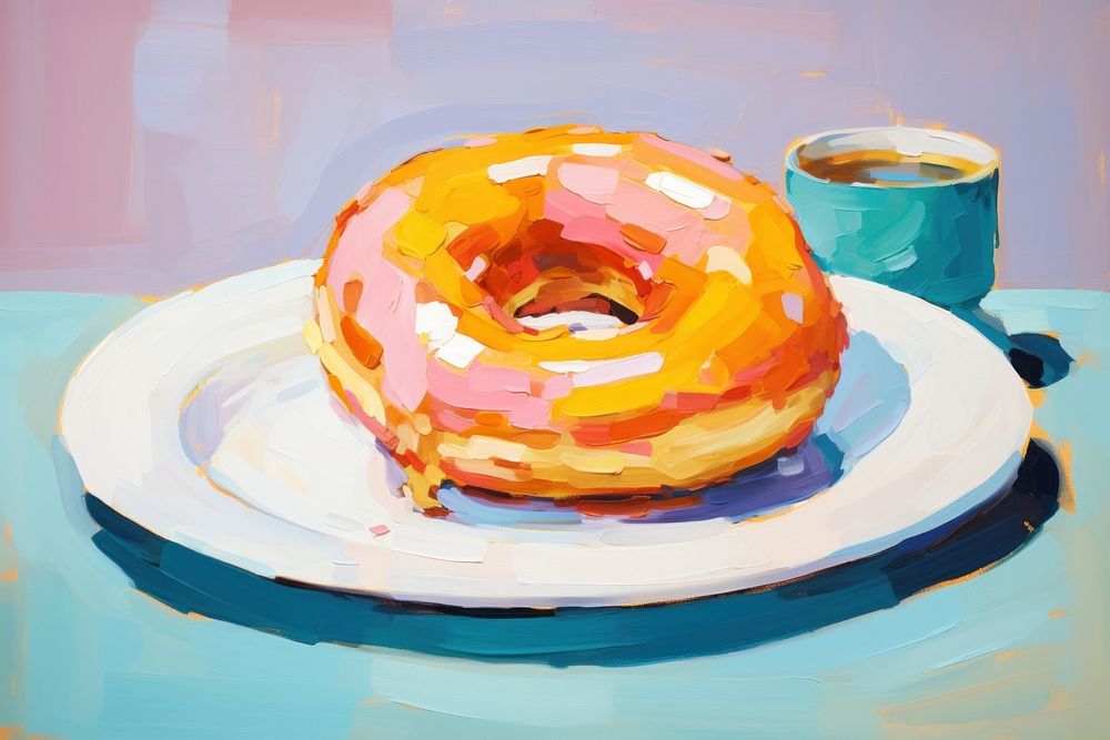 A donut on a plate painting dessert bagel.