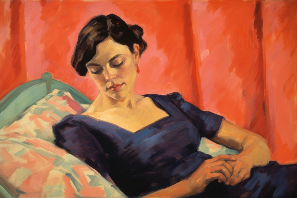 A pregnant woman reading a book painting portrait adult.
