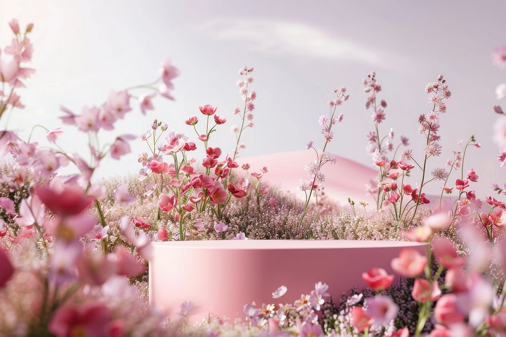 Product podium with a flower hills outdoors blossom nature.