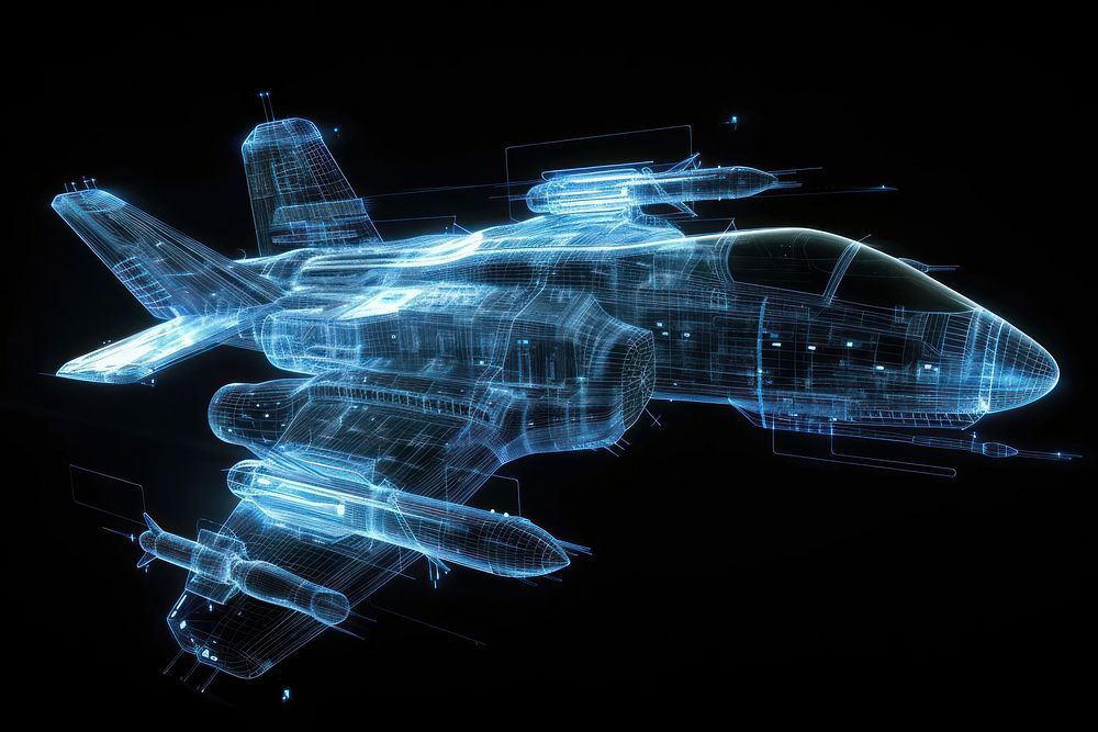 Glowing wireframe of air plane futuristic aircraft vehicle.