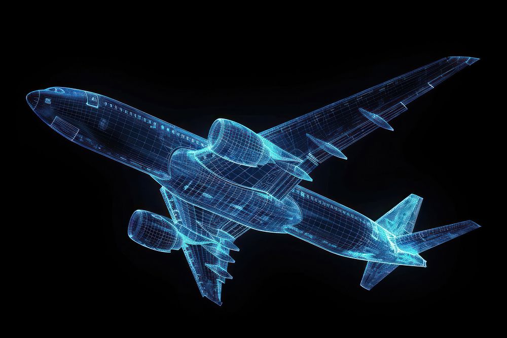 Glowing wireframe of air plane futuristic blue black background.