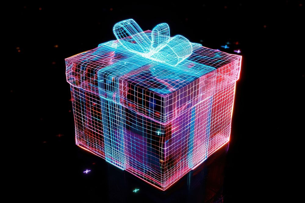 Glowing wireframe of cute gift box futuristic black background illuminated.