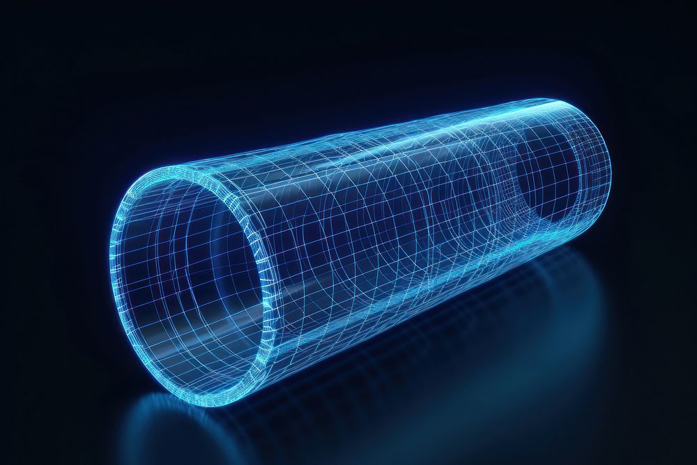 Glowing wireframe of cylinder tube futuristic line black background.