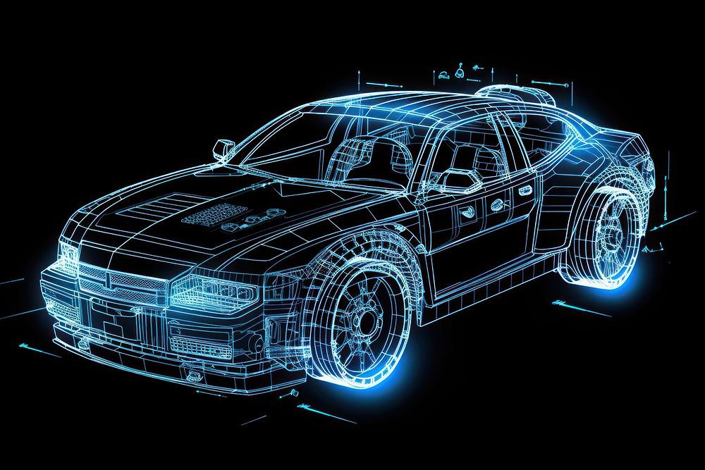 Glowing wireframe of car futuristic vehicle wheel.