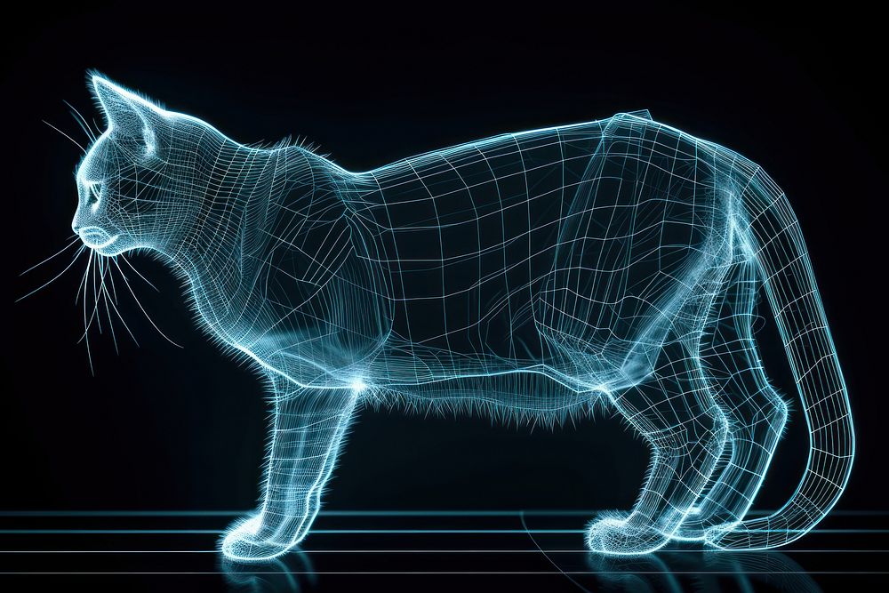 Glowing wireframe of cat animal mammal pet.
