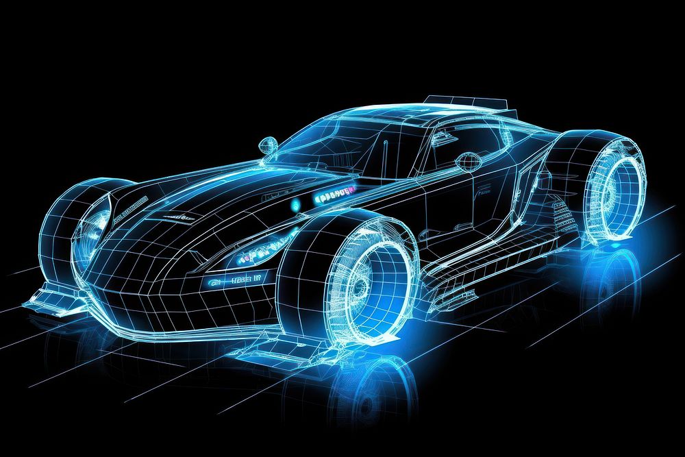 Glowing wireframe of futuristic car vehicle diagram wheel.