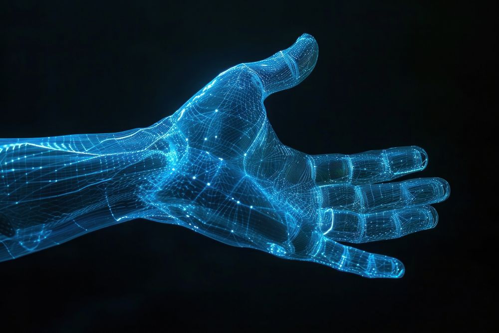 Glowing wireframe of hand futuristic finger blue.