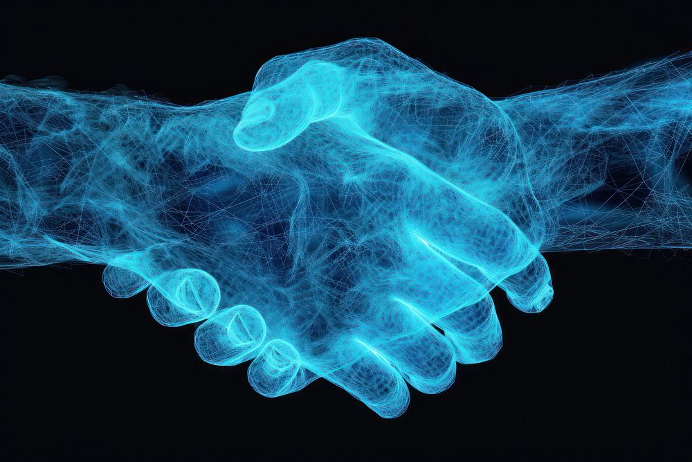Glowing wireframe of hands shaking futuristic blue black background.