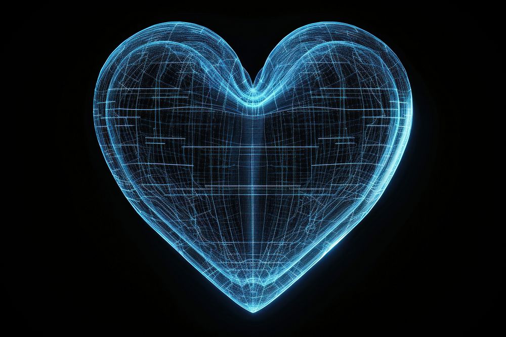 Glowing wireframe of plain heart shape backgrounds futuristic night.