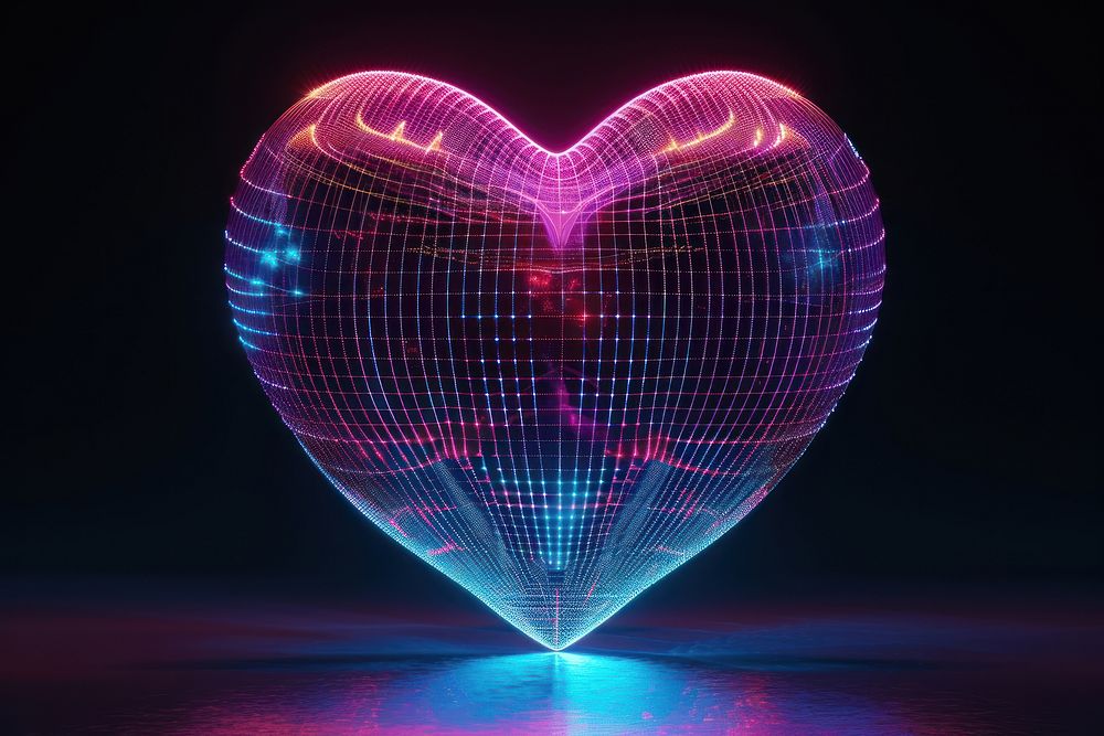 Glowing wireframe of plain heart shape futuristic night black background.