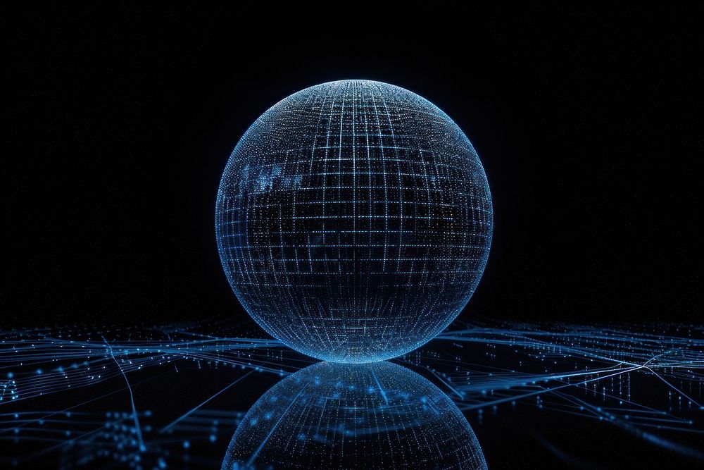 Glowing wireframe of plain sphere shape futuristic space night.