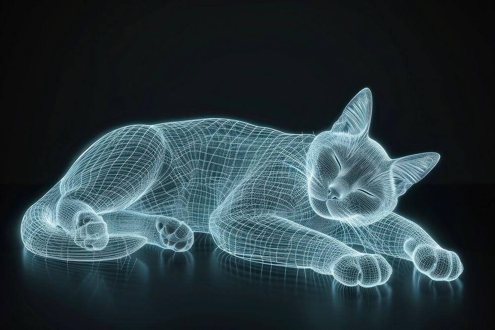Glowing wireframe of sleeping cat futuristic animal mammal.