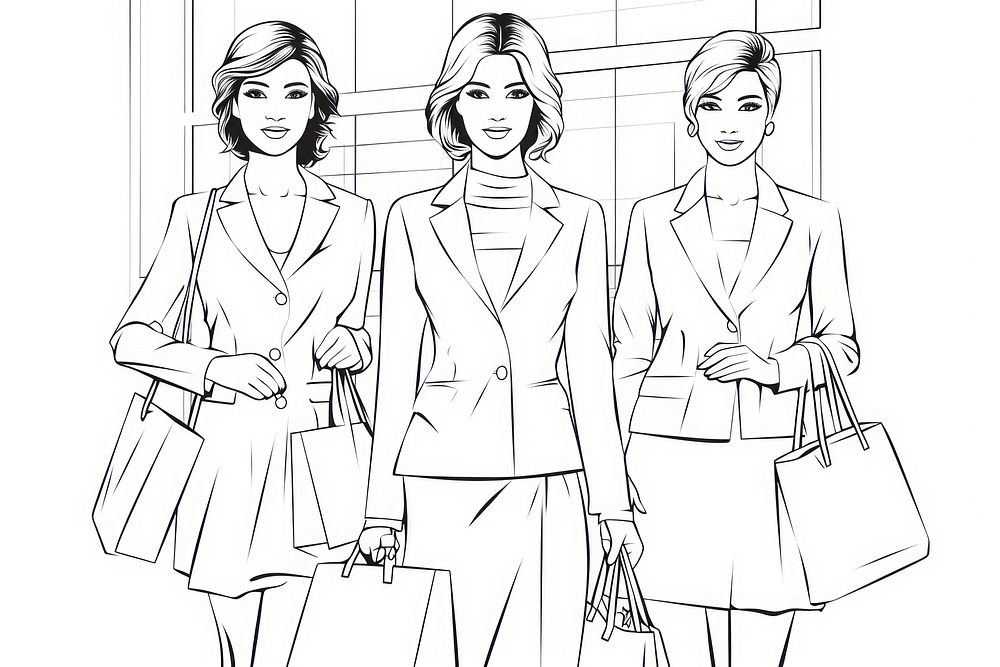 Group of women hold shopping bags sketch drawing adult.