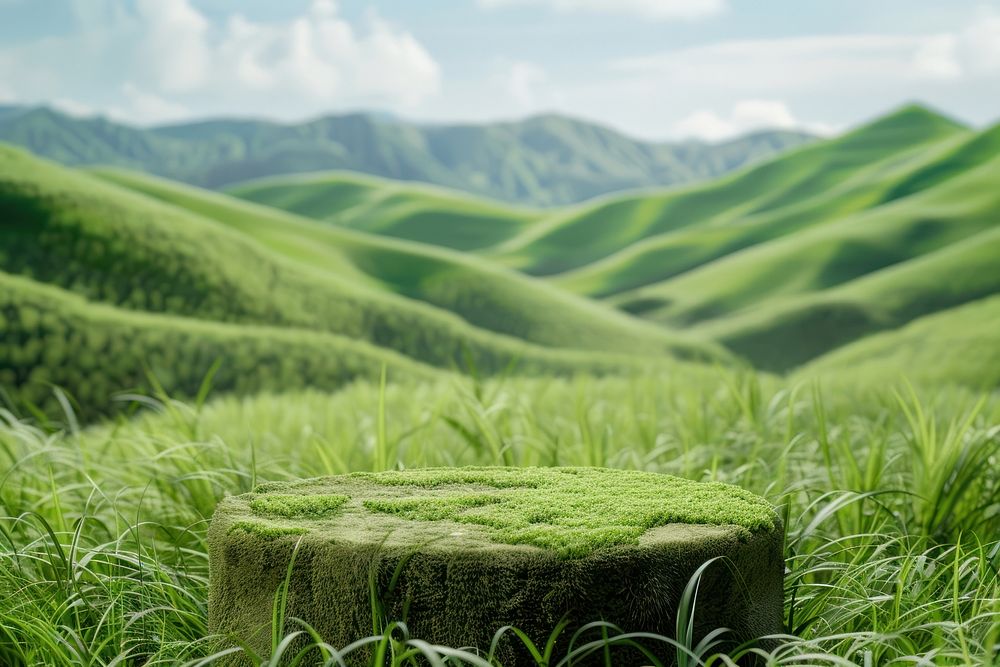 Product podium with a medow hills grass landscape grassland.