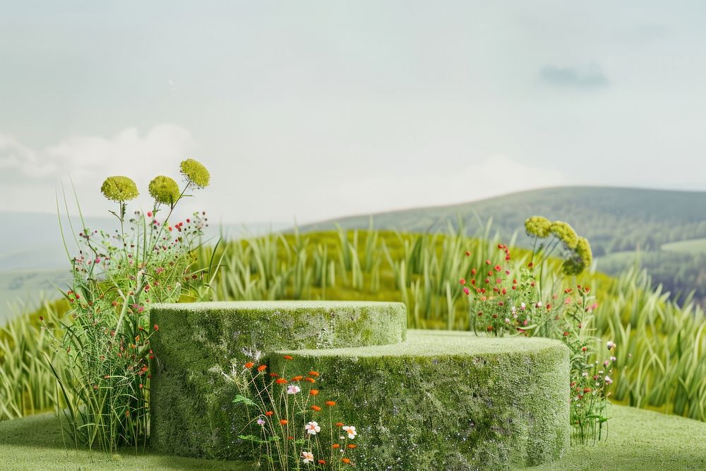 Product podium with a wildflower hills grass landscape grassland.