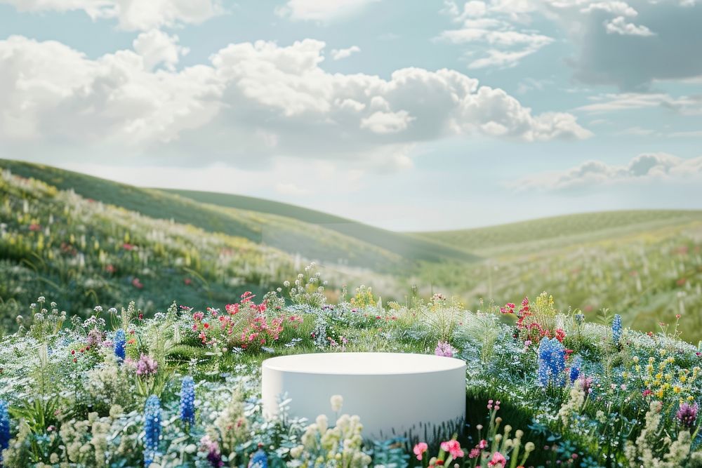 Product podium with a wildflower hills landscape outdoors nature.
