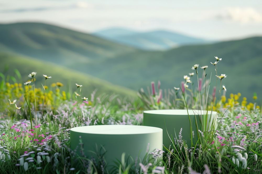 Product podium with a wildflower hills grass grassland outdoors.