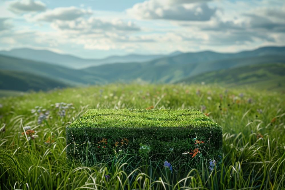 Product podium with a wildflower hills grass vegetation landscape.