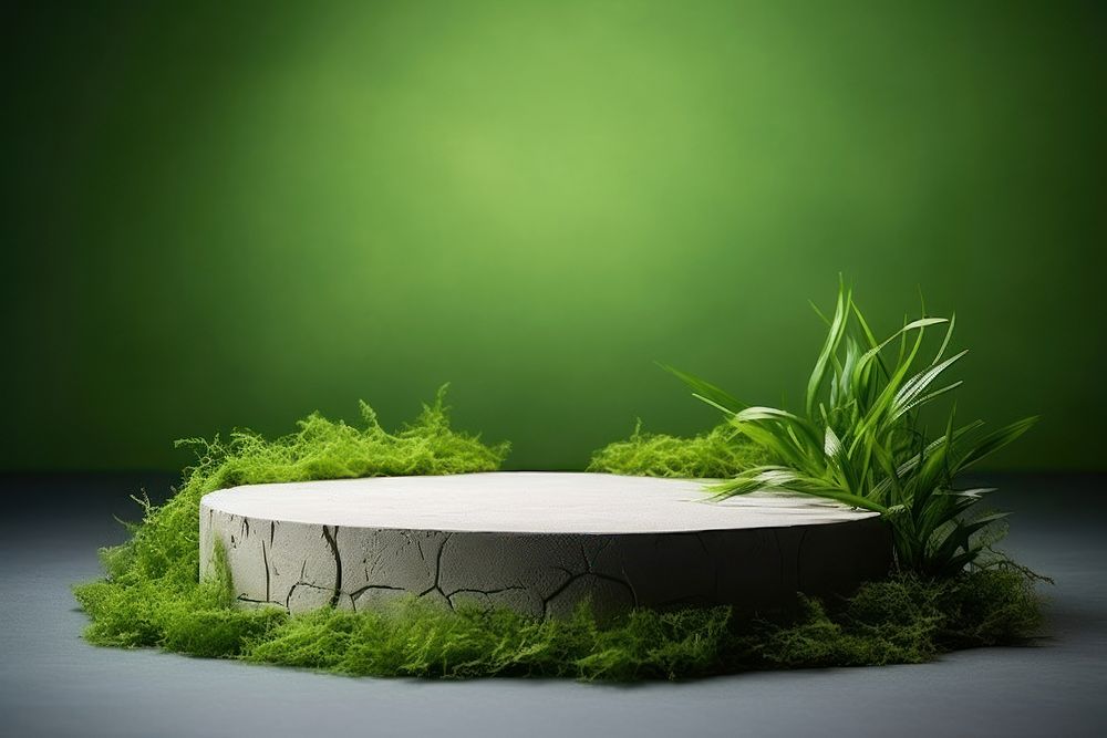 Product podium with a medow hills grass plant green.