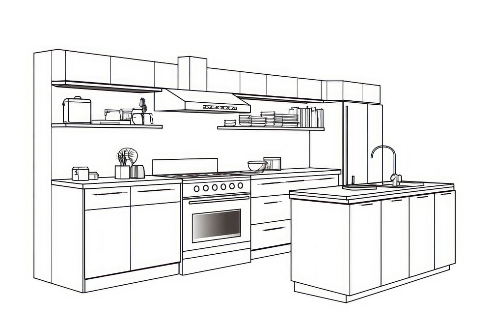Kitchen outline sketch appliance furniture cabinet.