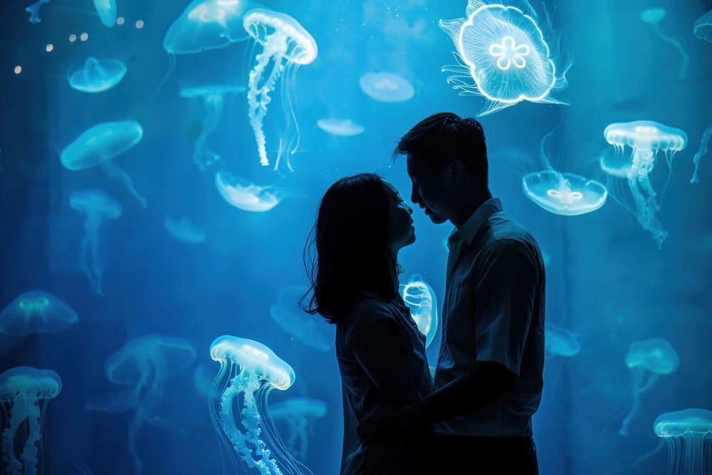 Jellyfish aquarium underwater adult woman.