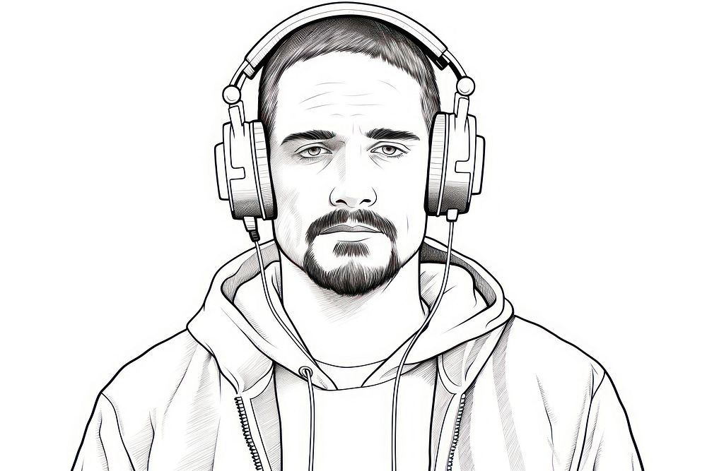 Man wear headphones sketch portrait headset.