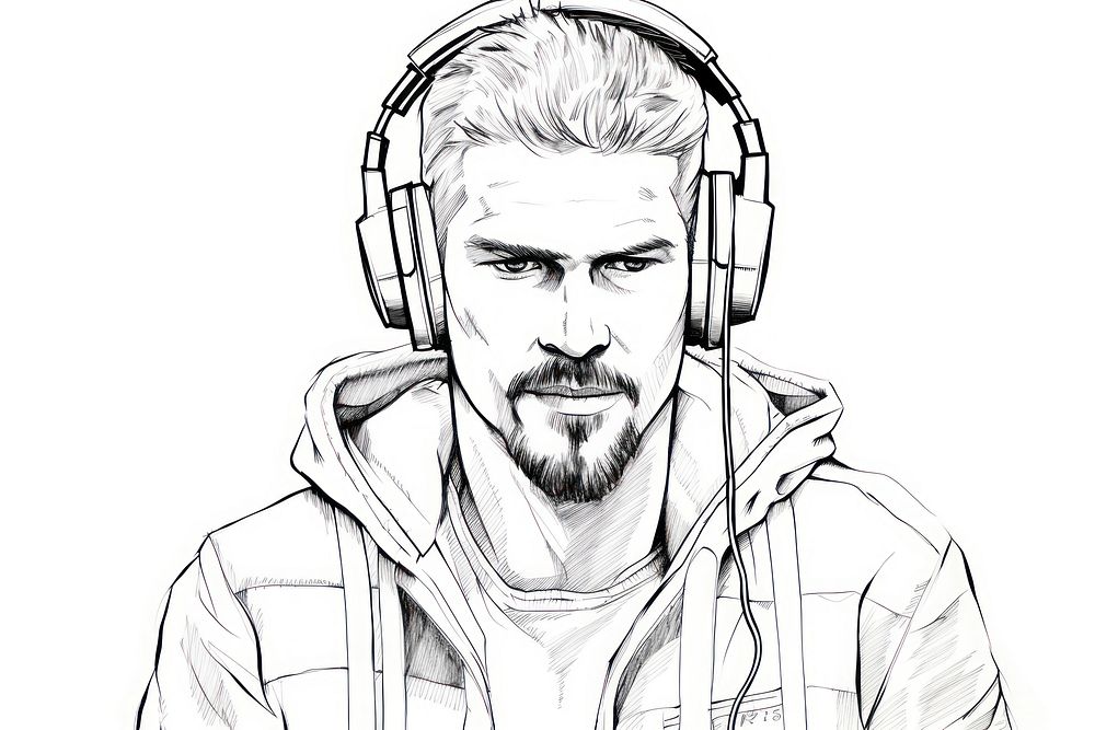 Man wear headphones sketch portrait headset.