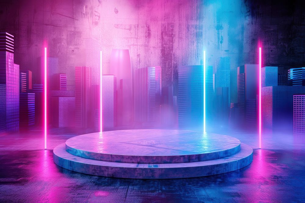 Product podium with a futuristic city architecture purple.