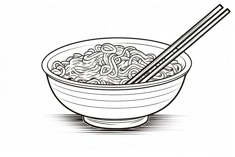 Noodle with chopstick on bowl chopsticks sketch drawing.