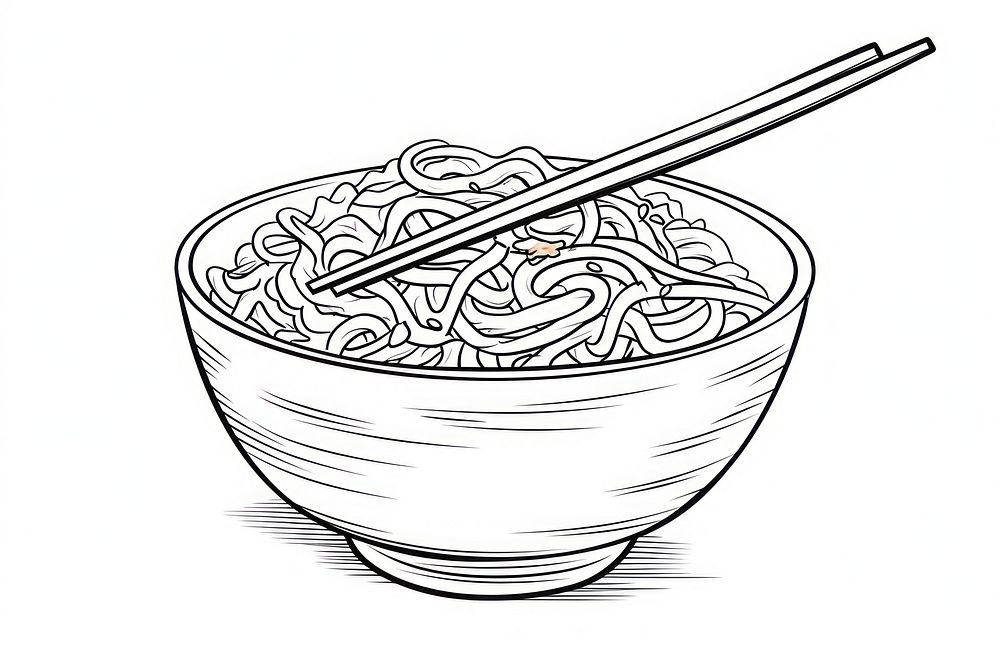 Noodle with chopstick on bowl chopsticks sketch drawing.