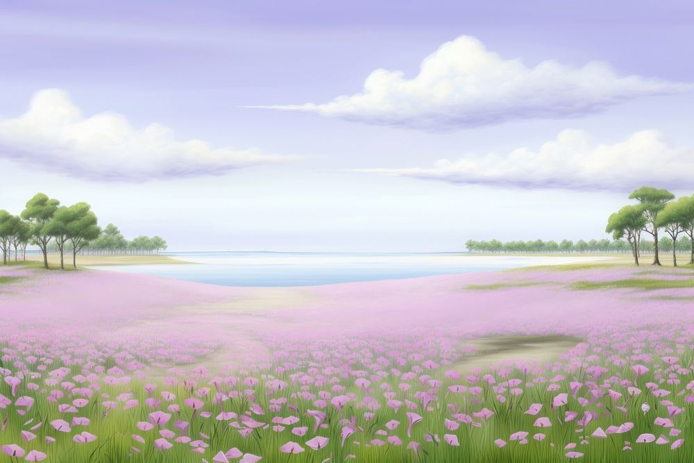 Painting of viola field landscape grassland outdoors.