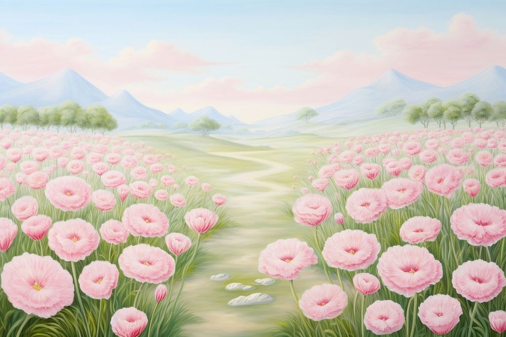 Painting of carnation field backgrounds outdoors nature.