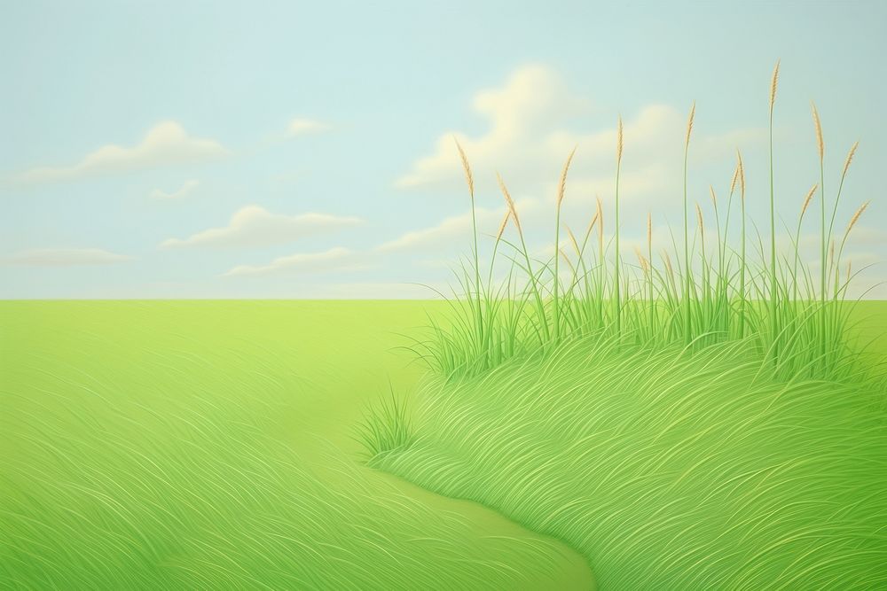 Painting of grass landscape outdoors horizon.