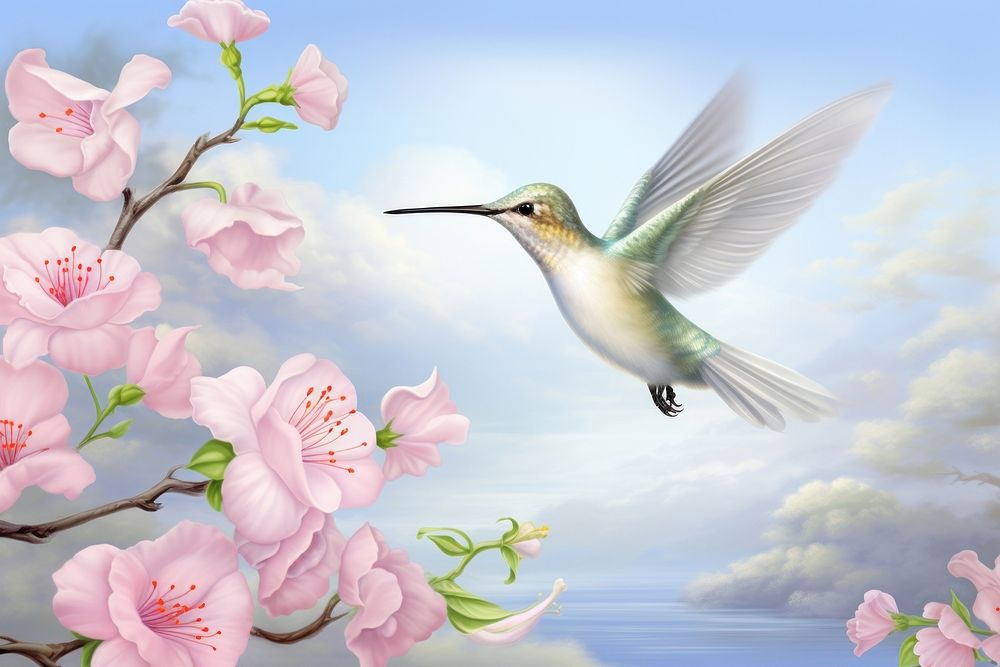 Painting of hummingbird outdoors blossom flower.