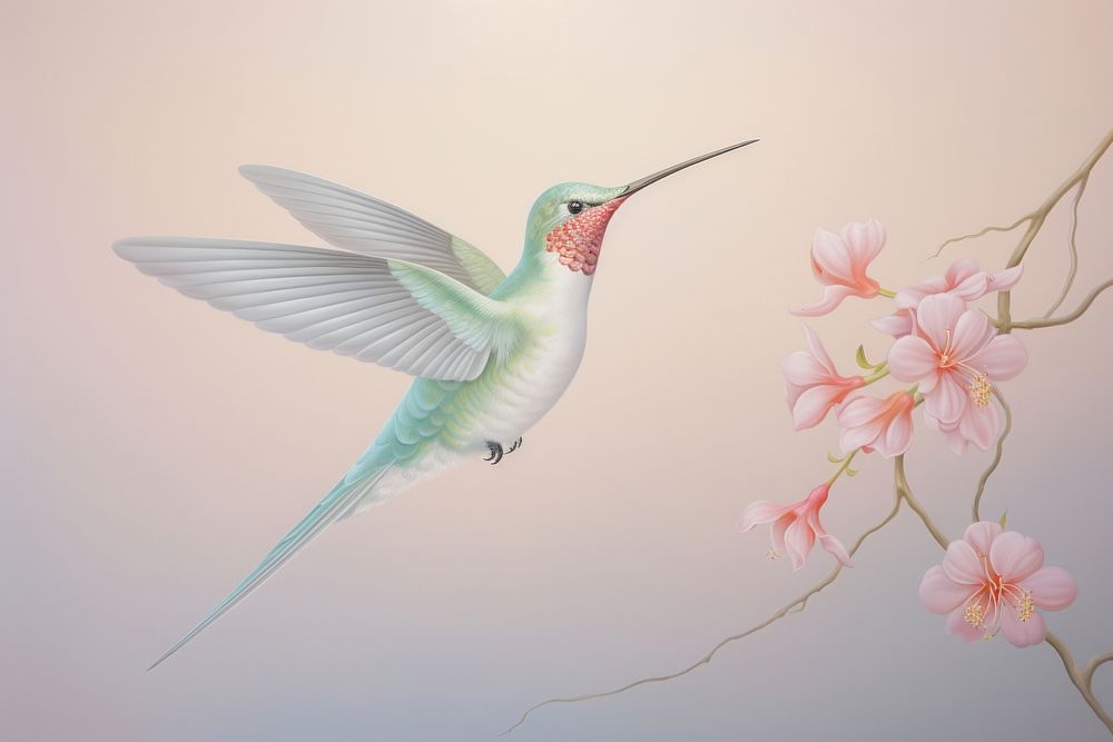Painting of hummingbird animal flower flying.