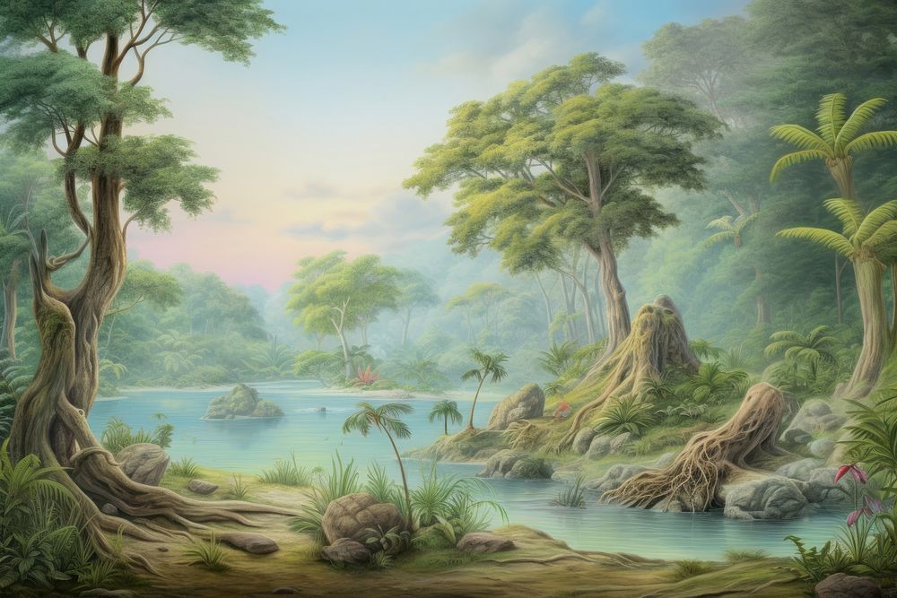 Painting of jungle landscape outdoors nature.