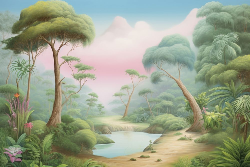 Painting of jungle backgrounds vegetation landscape.