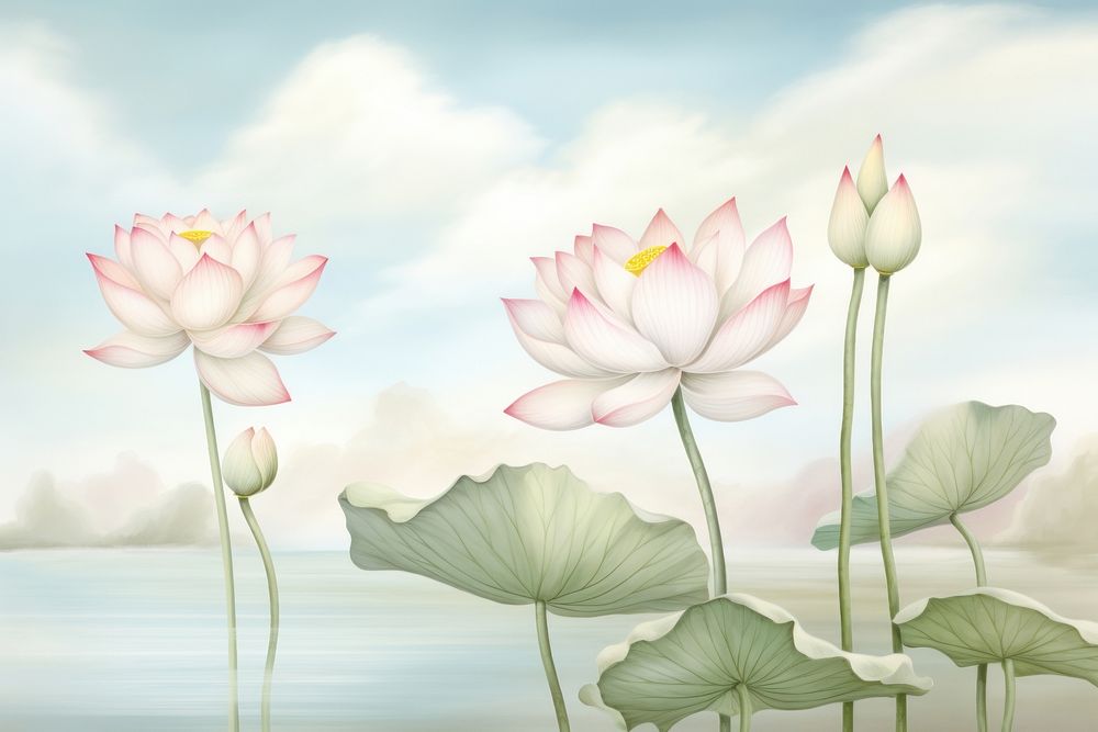 Painting of lotus flower plant lily.