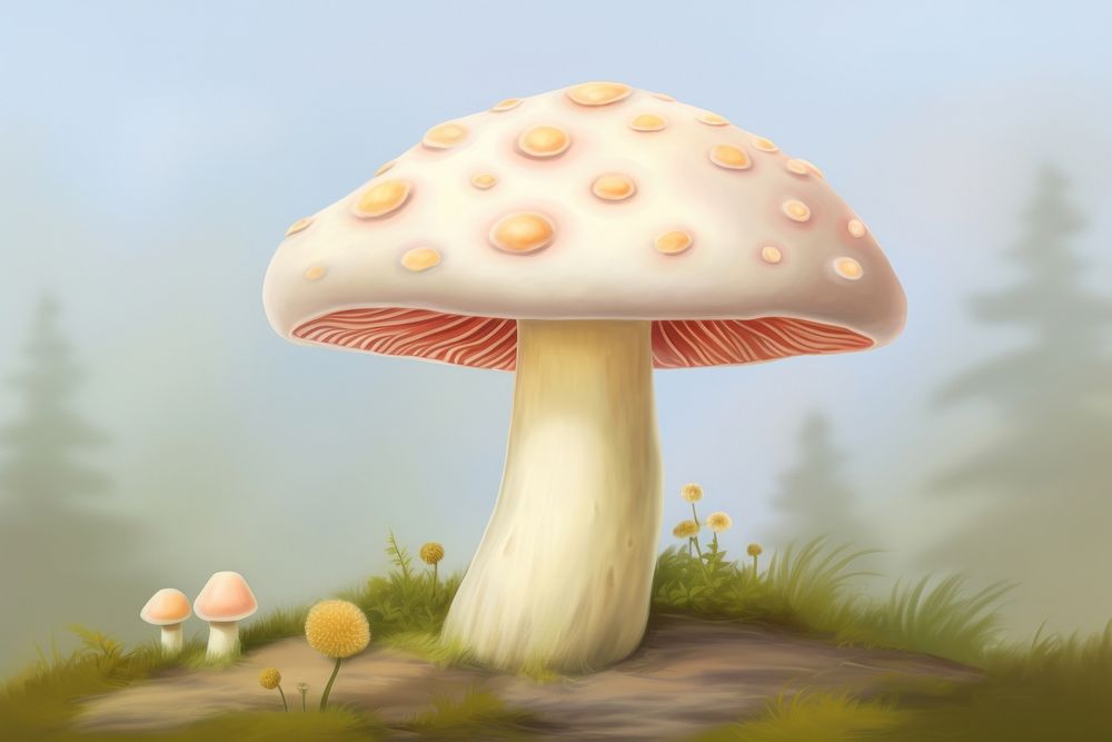Painting of mushroom fungus agaric plant.