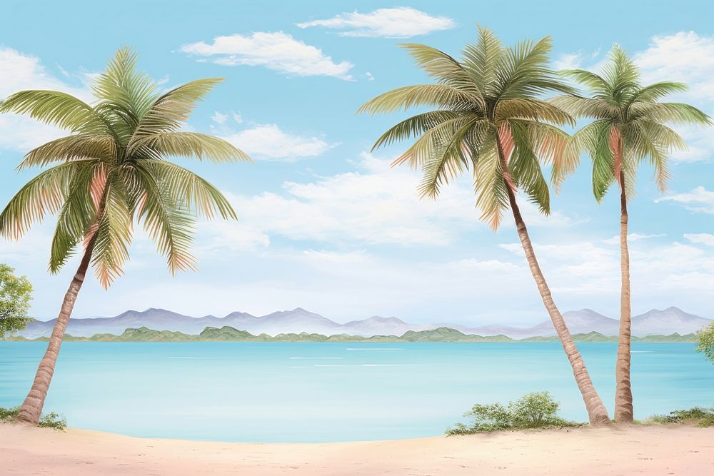 Painting of palm trees beach landscape outdoors.