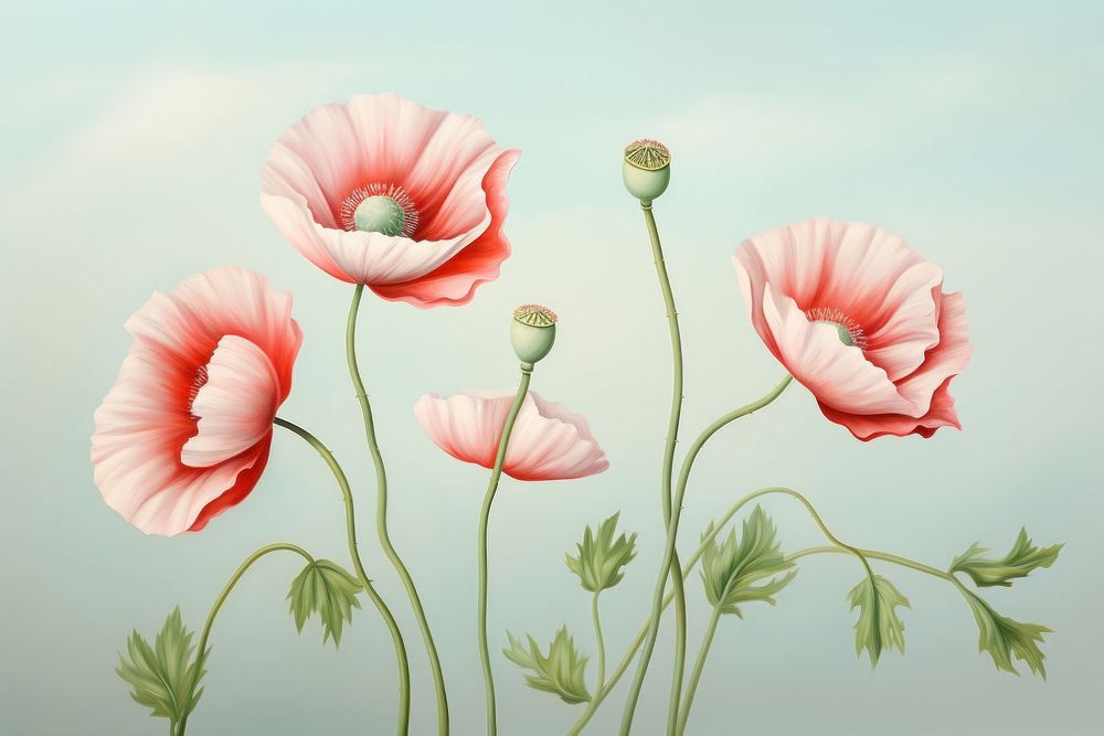 Painting of poppys flower plant inflorescence.