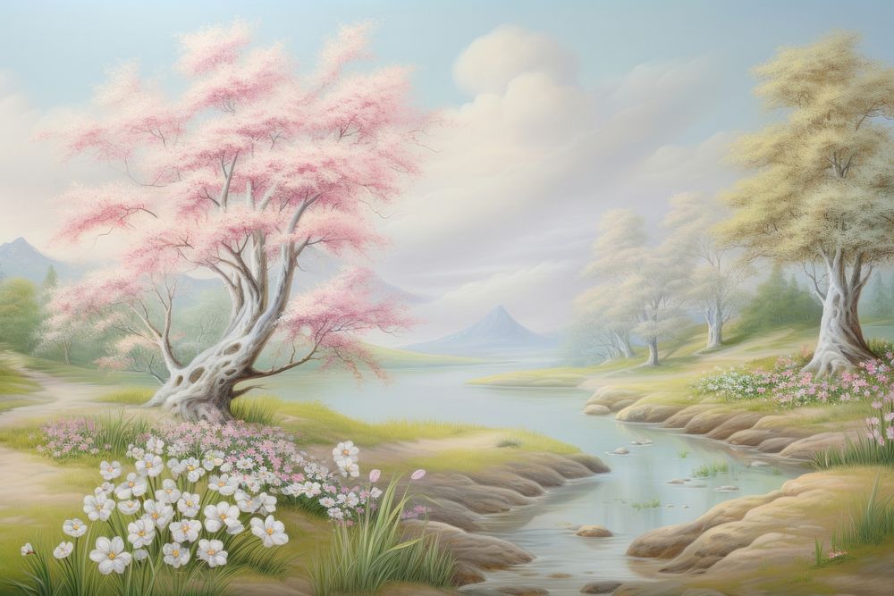 Painting of spring landscape outdoors nature.