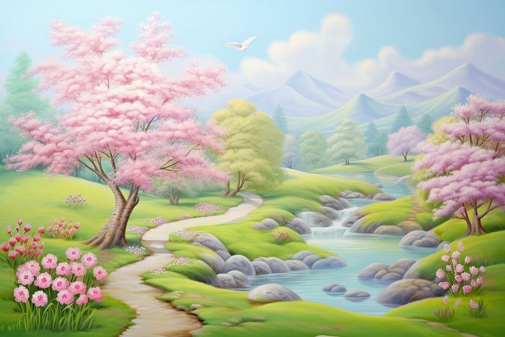 Painting of spring landscape outdoors nature.