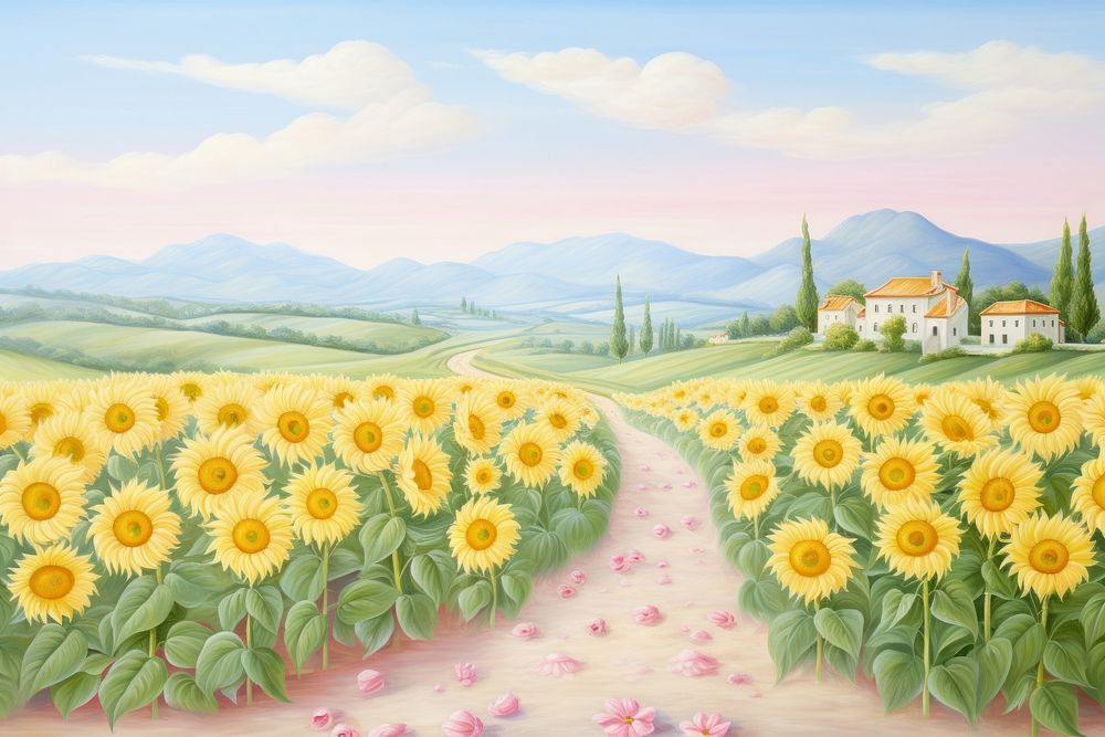 Painting of sunflower field landscape outdoors nature.