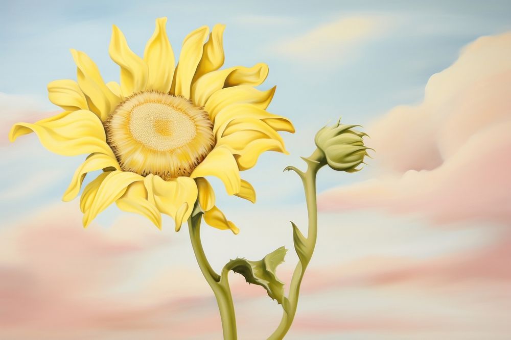 Painting of sunflower plant petal inflorescence.